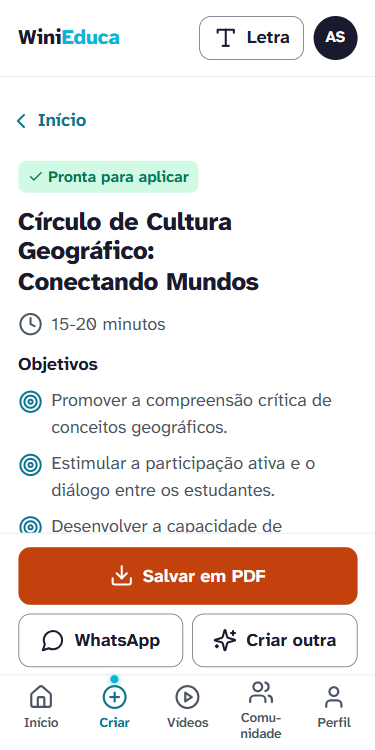 Tela da Dinâmica Pedagógica no celular, com uma dinâmica pronta para a aula.